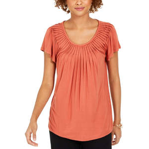 Style & Co Top da donna marrone X-Small con collo plissettato e maniche a volant, in maglia traspirante, stile casual - Product Image 1
