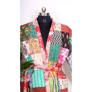 Étnico Indigo Kantha acolchado Kimono chaqueta hombro tejido a mano impreso algodón Elegante ropa festiva exportador indio cordón - Product Image 4