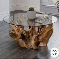 Table basse moderne en racine de teck naturel avec plateau rond en verre, design écologique à hauteur réglable pour usage intérieur
