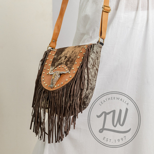 LW Sac à bandoulière vintage en cuir véritable avec pierre pour femmes et filles Look élégant Couleur noir et marron - Product Image 6