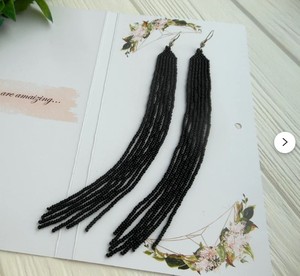 Boucles d'oreilles très longues boucles d'oreilles longues noires pendantes Boucles d'oreilles perles de rocaille Boucles d'oreilles extra longues Boucles d'oreilles franges à l'épaule - Product Image 1