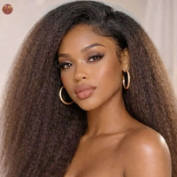 Perruque Lace Front Ombrée Brune Yaki Lisse, 100% Cheveux Humains Vierges, Pré-Pluckée, Dentelle HD, Densité 200, Longue, pour Femmes Noires