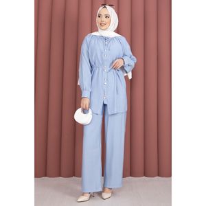 Conjunto de 2 Piezas Color Azul Bebé, Blusa con Cuello Fruncido y Decoración de Botones, y Pantalones, Atuendo Elegante para Ocasiones Especiales - Product Image 4