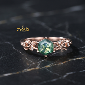 Anillo de Compromiso de Ágata Musgosa Hexagonal, Anillo de Lujo de Ágata Musgosa con Hojas y Ramas en Oro de 18K, Joyería Nupcial Inspirada en la Naturaleza con Acentos de Diamantes - Product Image 1