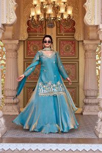 Party Wear Designer Embroidery <b>Beads</b> Work With Sequence <b>Thread</b> Work Readymade Top With Stitched Lehenga And Dupatta Set - Product Image 5