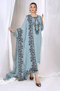 Pakistanais pur Georgette broderie travail Kurtis formel Satin extensible Duppata Sal-war costume Collection pour les fêtes - Product Image 3