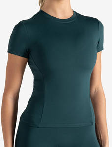 Camiseta de gimnasio para mujer de color verde azulado marino de alta demanda, camiseta elástica de manga corta de longitud completa con cuello redondo y poliéster, nueva camiseta informal de entrenamiento de Yoga - Product Image 3