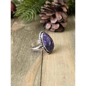 Handmade Navajo Gemstone <b>Ring</b> Charoite & Sterling Silver Cut Bezel Setting Size 8 <b>Fine</b> Fashion Jewelry for Everyday Wear - Product Image 4