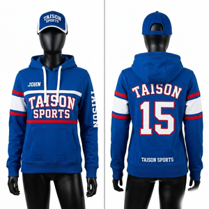 Hoodie de rugby en molleton de coton et polyester premium 320 GSM, rouge, avec empiècements latéraux contrastés, impression par sublimation personnalisée, logo d'équipe. - Product Image 4