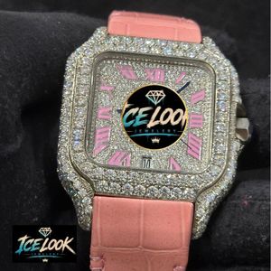 Montre à quartz carrée de luxe ICE LOOK pour femme, bracelet en cuir rose, cadran incrusté de diamants, affichage analogique de la date, boîtier en acier inoxydable de 34 mm - Product Image 4