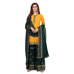 Trendmalls Ensemble de costumes Salwar avec broderie Georgette pour femme Kurta Sharara avec Dupatta (G58-Yellow) - Product Image 1