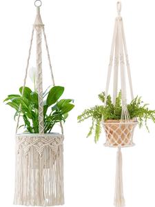 Porte-plante en macramé bohème chic, fait à la main en corde de coton, suspendu, extérieur, écologique, taille personnalisable, décoration murale pour la maison - Product Image 5