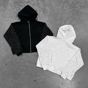 Sweat à capuche pour homme, hiver, strass, fermeture éclair intégrale, 100% coton, surdimensionné, impression en relief sur la manche, personnalisable, sweat à capuche lourd - Product Image 1