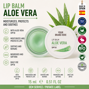 Bálsamo Labial de Aloe Vera de Marca Privada SPF10 15ml OEM |   Cuidado Labial Hidratante con Manteca de Karité y Vitamina E |   España UE - Product Image 1