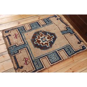 Alfombra Turca Vintage de Lana de 3x3.7 pies, Alfombra Pequeña con Diseño de Plantas y Árboles Azules en Patchwork, Respaldo de Látex Ecológico - Product Image 2