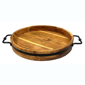 Bandeja de exhibición de comida redonda de madera de alta calidad grande con mango de metal para decoración y servicio - Product Image 1