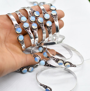 Opalite Gemstone Chunky Vintage Antique Silver Plated Brass Bangles Unisex Jewelry Prem Bhaya BN22 for Anniversary Fashion - Product Image 3