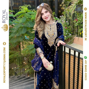 Collection de Salwar Kameez/Ensemble de Robes en Velours Viscose Entièrement Brodé de Qualité Supérieure, Style Ethnique, Nouvelle Collection Royal Export avec Ensemble Dupatta - Product Image 3