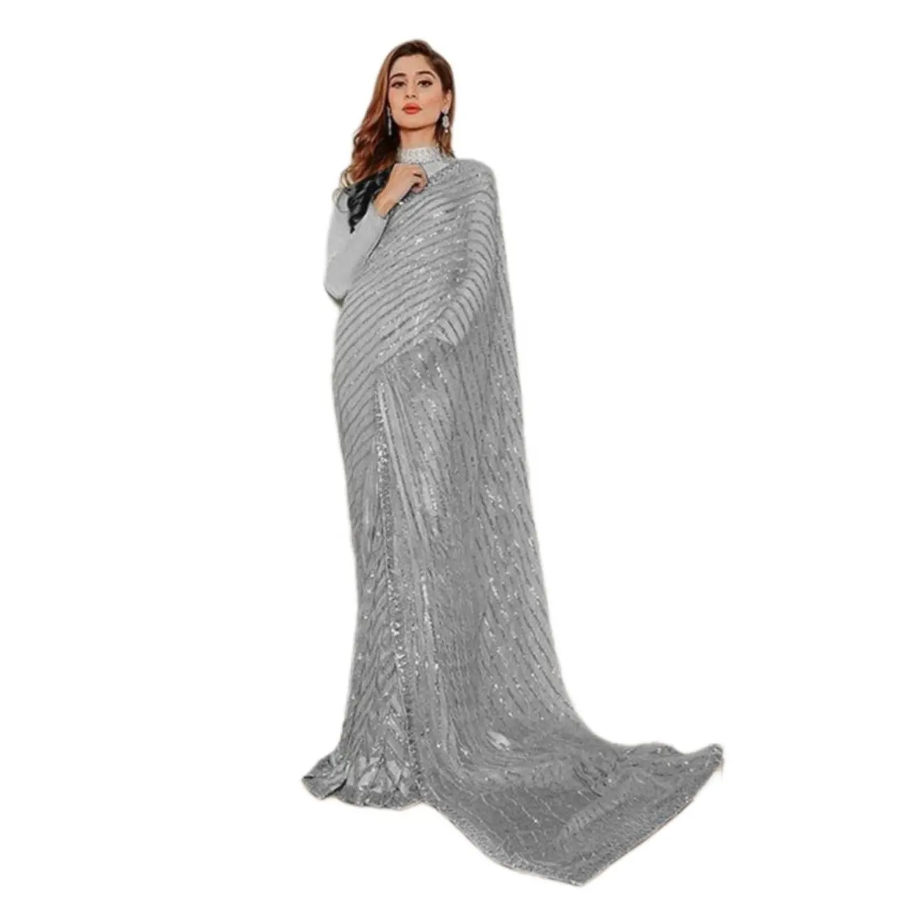 Bollywood stile Party wear colore grigio Georgette sequenza ricamo Designer Saree per le donne ultima sari blusa Design India