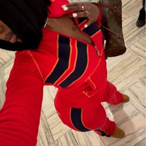 Conjunto de chándal de 2 piezas de punto Waffle para mujer, chaqueta con capucha personalizada con pantalones acampanados y cremallera, conjunto de chándal de punto Waffle informal para mujer - Product Image 3