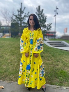Vestido bordado a máquina amarillo ucraniano de manga larga, vestidos florales bohemios, cuello redondo, vestido de borla para mujer - Product Image 5