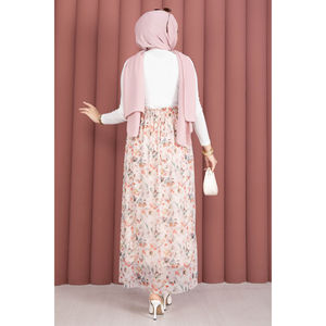 For Cream Floral Patterned <b>Elastic</b> Waist Chiffon Tulle <b>Skirt</b> with Soft Print Decoration - Product Image 5