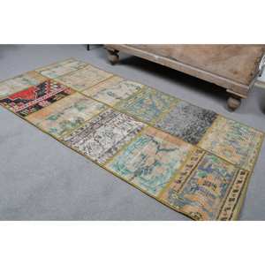 Alfombra Vintage de lana turca Beige de 2,3x4,6 pies, hecha a mano, clásica, área grande, patrón de retazos abstracto, látex para decoración de habitación de pasillo - Product Image 4