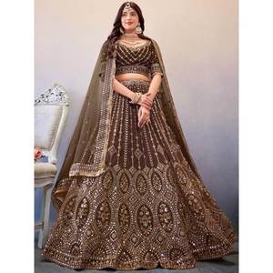 Lehenga Choli de Boda con Lentejuelas Marrones y Adornos de Red, Elegante y Atractivo Traje de Novia - Product Image 2