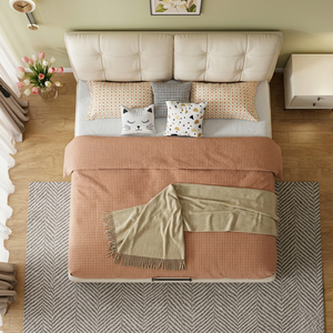 Cadre de <span class=keywords><strong>lit</strong></span> Queen Size sans bruit avec tiroirs, <span class=keywords><strong>lit</strong></span> plateforme moderne rembourré crème, meubles de chambre en bois - Product Image 5