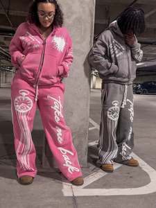 Custom Men Winter 100% Cotton Vintage <b>Screen</b> Printed Embroidery Acid <b>Wash</b> Zip up Distressed Hoodie and Sweatpants Set Men - Product Image 5