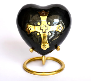Beautiful Black Color enamel and Golden Cross Engraved Heart <b>Keepsake</b> with stand Brass Cremation for <b>Ashes</b> - Product Image 1