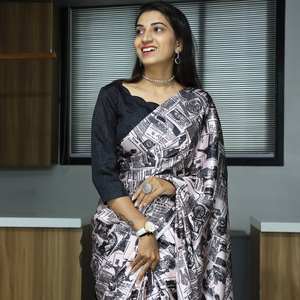 Saree imprimé en Satin du Japon lourd avec chemisier Banglory non cousu, tenue de mariage, designer indien pakistanais, sari élégant à la mode - Product Image 6