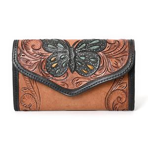 Portefeuille trifold en cuir de vachette de luxe avec blocage RFID, motif floral vintage, fermeture éclair - Product Image 1