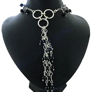Elegant Women's Silver Plated <b>Statement</b> <b>Necklace</b> With Onyx Beads Geometric Design Party Jewelry - Product Image 2