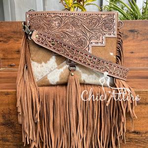 Bolso de mano con flecos de cuero tallado a mano de diseñador de gran oferta, bolso elegante, bolsos de cuero de piel de vaca para mujer, multiusos - Product Image 1