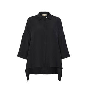 Chemisier vintage en lin noir avec broderie asymétrique et dentelle pour femme - Product Image 1