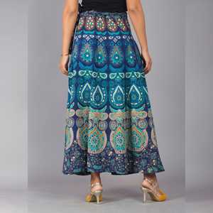 กระโปรงแม็กซี่พิมพ์ลายชนเผ่าสีฟ้าเทอร์ควอยส์ระบายอากาศสไตล์ห่อแบบทางการผ้าชีฟองผ้าไหมปักขนาดพิเศษสำหรับทำงาน - Product Image 4