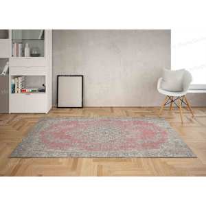 Tapis imprimé de style marocain, style turc, médaillon, grand gris et rouge, tapis fin non tissé - Product Image 4