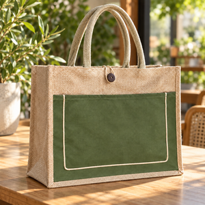 Olive <b>Green</b> Cotton Jute Tote <b>Bag</b> 16 x 13 x 6 Inch Front Pocket Button Closure Custom Logo Wholesale - Product Image 2