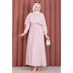 Robe d'été modeste rose, coupe trapèze, col cape, taille élastique, doublée en mousseline de soie - Product Image 5