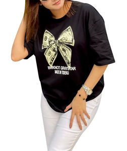 Venta al por mayor precio barato elegante y de moda diseño personalizado 100% algodón tejido Casual cuello redondo Camiseta mujer hombro caído BD - Product Image 6