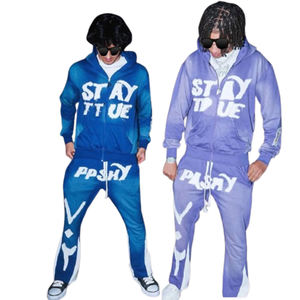 Ensemble de survêtement streetwear en molleton bouclette 100% coton, grammage lourd, avec sweat à capuche zippé et pantalon évasé, effet délavé soleil, teint en pièce, faible MOQ, pour l'hiver, en gros - Product Image 2