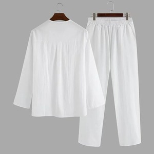 Collection printemps-été pour hommes haute qualité 100% coton col en V manches longues T-shirt pantalon costume imprimé deux pièces ensembles - Product Image 2