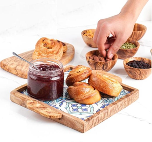 Modern Dark Brown Acacia Wood <b>Serving</b> <b>Tray</b> with Metal <b>Gold</b> Handle by Saniya Handicraft - Product Image 4
