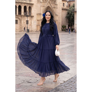 Vestido de Gasa Azul Marino con Capas, Perlas, Flores y Plumas, Cintura Imperio, Silueta de Gala, Corto hasta el Suelo para Fiestas - Product Image 1