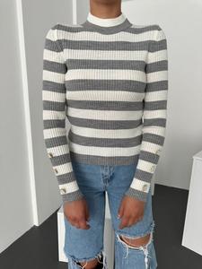 Pull à col roulé rose décontracté pour femmes automne hiver pull à col roulé à rayures épaisses avec manches longues pull bouton haut tricoté - Product Image 6