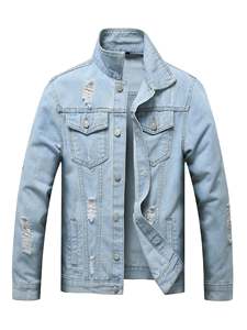 Abrigo vaquero de manga larga para hombre, informal, personalidad, Color sólido, chaqueta rasgada con cuello vuelto, venta al por mayor y personalizada - Product Image 6