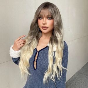 Hannah-DWY for Ombre <b>Bleach</b> Blonde Long Curly Lace Front Wig Heat Resistant Fiber Synthetic Wig Transparent Lace Bangs Loose - Product Image 4