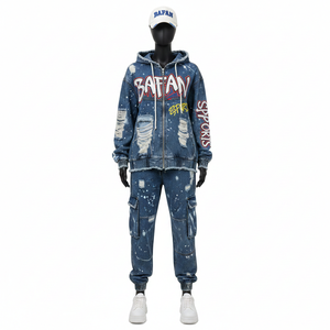 <b>Men</b> Streetwear <b>Denim</b> Tracksuit GSM Premium Cotton Blend Spray Wash Hoodie And Cargo <b>Joggers</b> With CustomLogo plus size Tracksuits - Product Image 6
