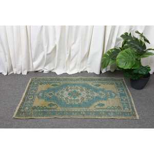 Vintage 1.7 X 3ft Bleu Beige Laine Tapis Classique Turc Grande Surface Rectangle Couloir Motif Abstrait Conception Latex pour Chambres - Product Image 2